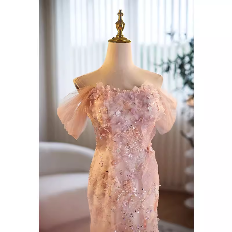 Modest Mermaid Off The Shoulder Long Pink Prom Dress - View 2 | VelvetHem