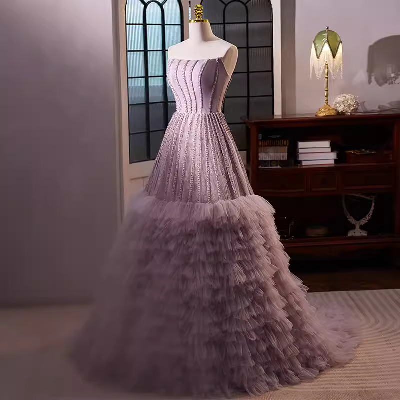 Vintage Ball Gown Strapless Lilac Tulle Beads Ruffles Sweet 16 Dresses - View 2 | VelvetHem