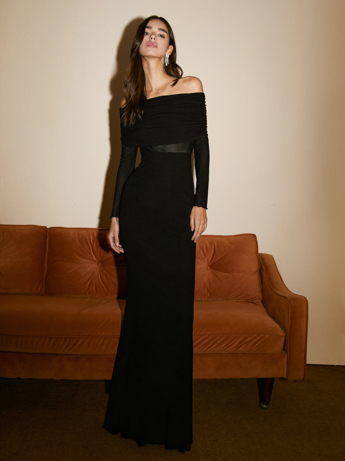 Overfold Off Shoulder Mesh Long Sleeve Long Dress