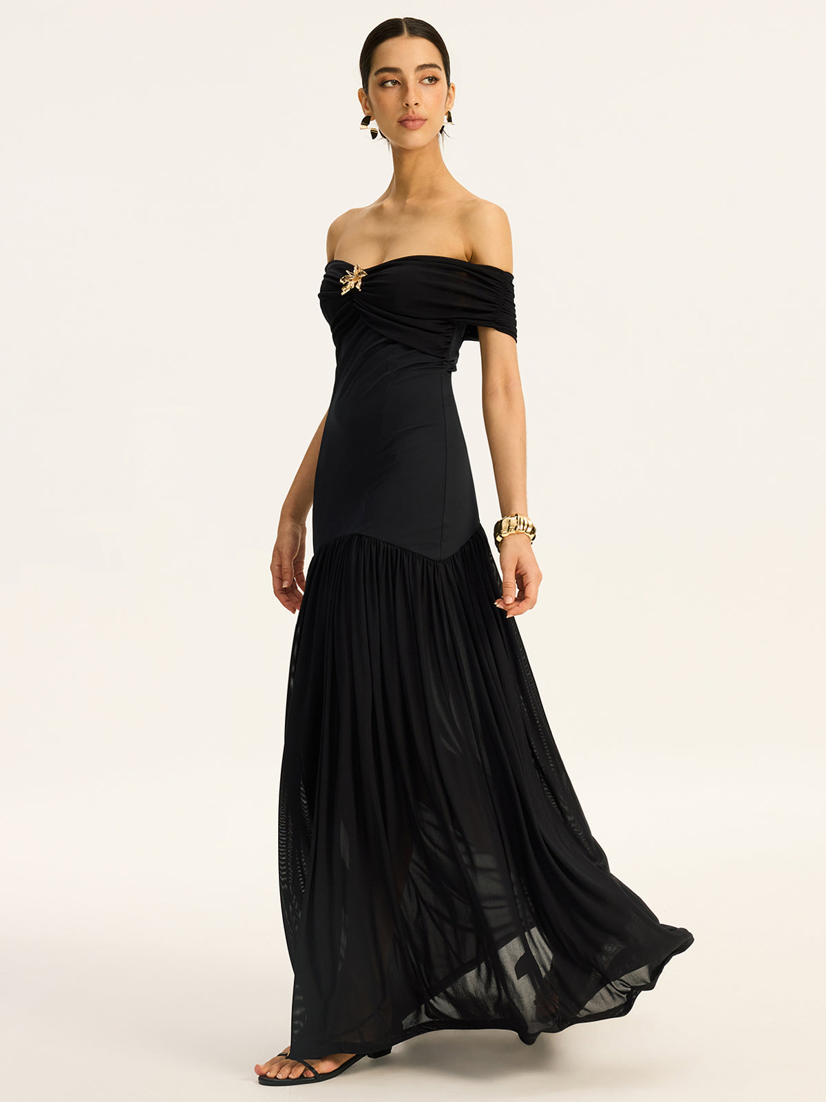 Semi Sheer Off Shoulder Ruched Mesh Paneled Maxi Dress Black / XS Dresses