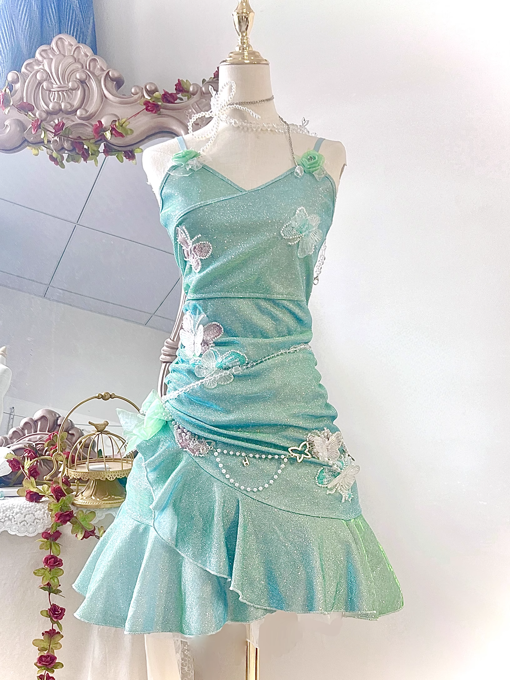 Glitter Mint Green Spaghetti Straps Sequin Ruffles Birthday Outfits Graduation Homecoming Dress