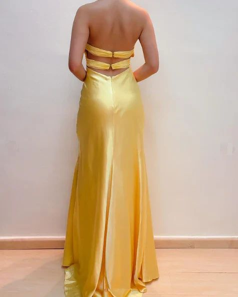 Yellow Halter Satin Beaded Mermaid Prom Dress，Slit Long Party Evening Dress