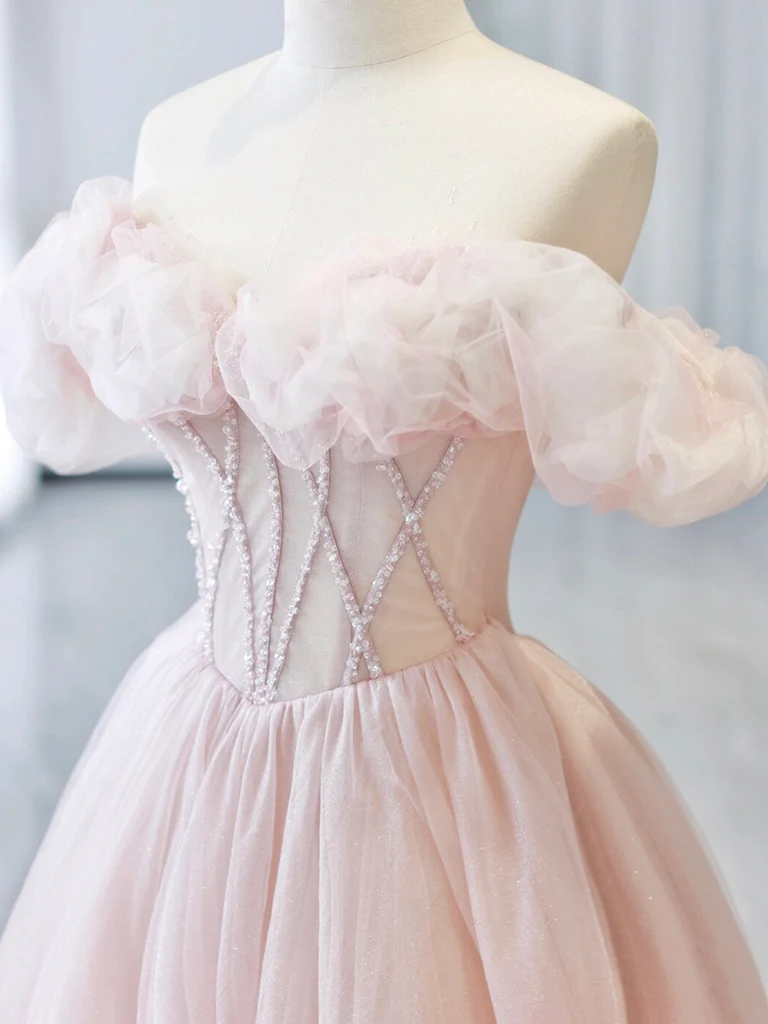 A-Line Off Shoulder Tulle Beads Pink Long Prom Dress