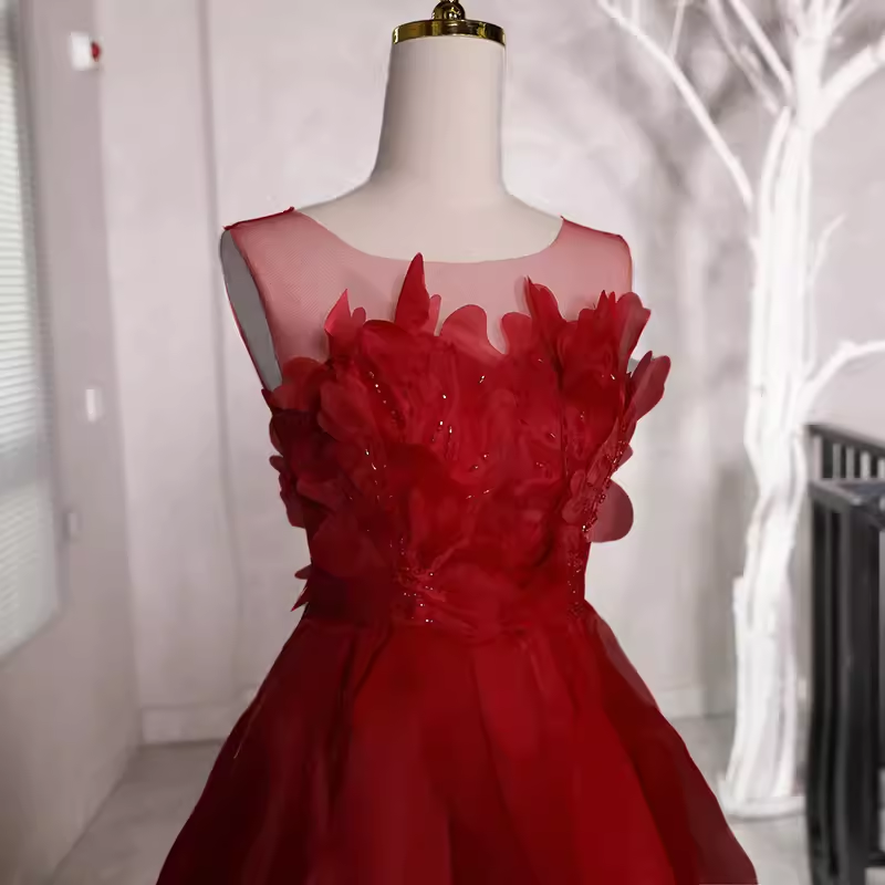 Fairy A Line Sleeveless Burgundy Long Floral Prom Dress - View 2 | VelvetHem