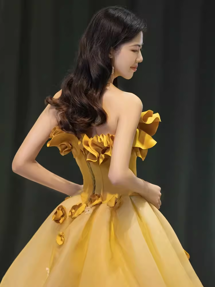 Fairy Ball Gown Sleeveless Yellow Long Floral Prom Dress - View 5 | VelvetHem