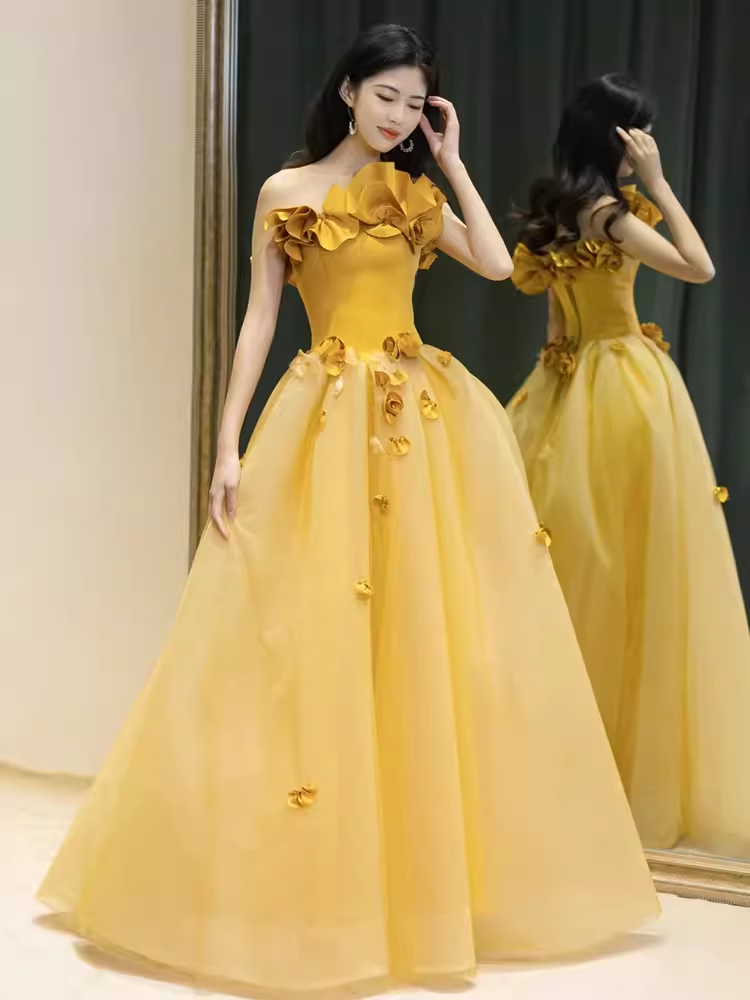 Fairy Ball Gown Sleeveless Yellow Long Floral Prom Dress - View 2 | VelvetHem