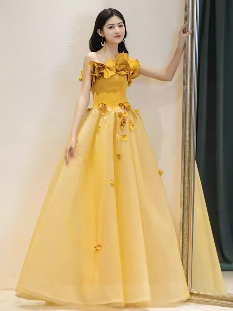 Fairy Ball Gown Sleeveless Yellow Long Floral Prom Dress - View 3 | VelvetHem