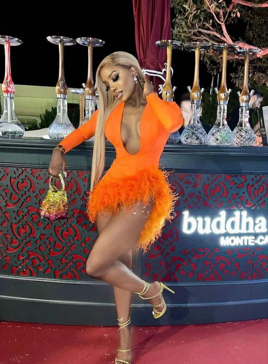 Orange Sexy Deep V Neck Feathers Homecoming Dress Long Sleeves Women Party Dress (ZD12637)