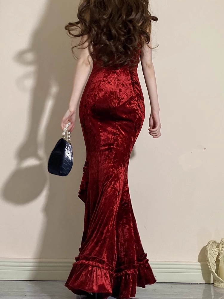 Vintage Mermaid Irregular Ruffled Spaghetti Straps Women's Burgundy Birthday Outfits Party Dresses