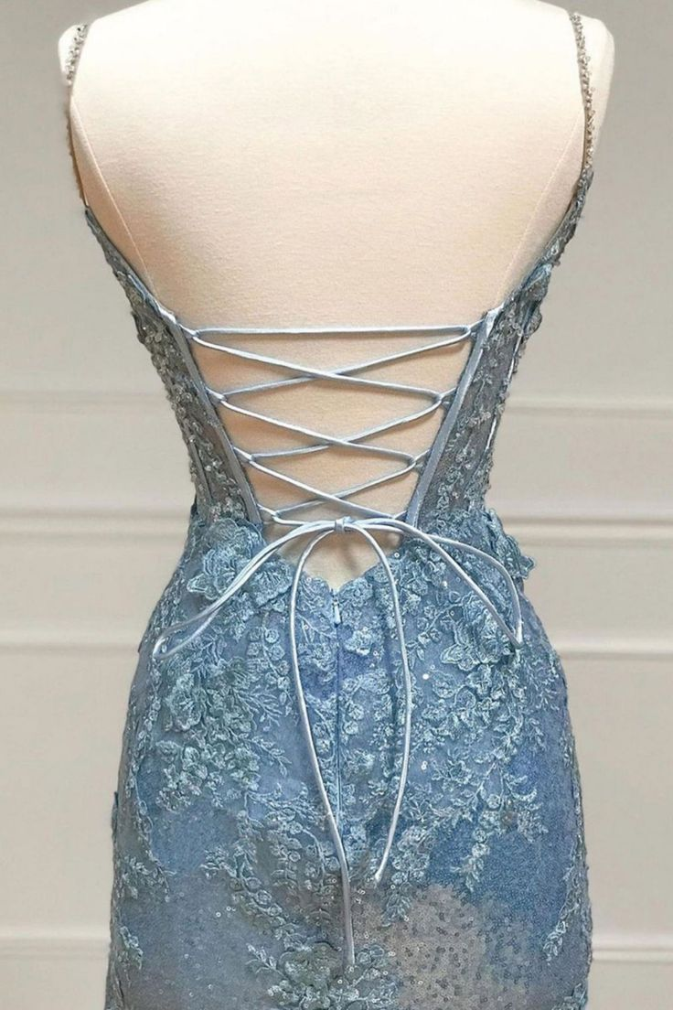 Glitter Sequin Mermaid Spaghetti Straps Long Corset Prom Dress With Appliques - View 4 | VelvetHem