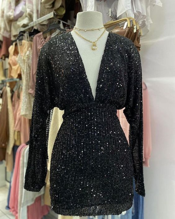 Black Sequins Deep V Neck Homecoming Dress Y2580 - VelvetHem