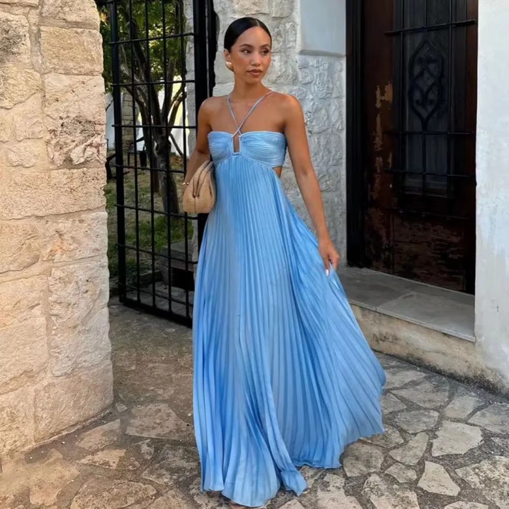 Simple A line Halter Blue Sleeveless Long Prom Dress Formal Evening Dresses