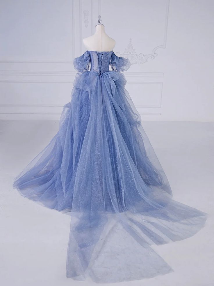 Elegant Blue Tulle Beaded Evening Dress Long Prom Dress - View 2 | VelvetHem