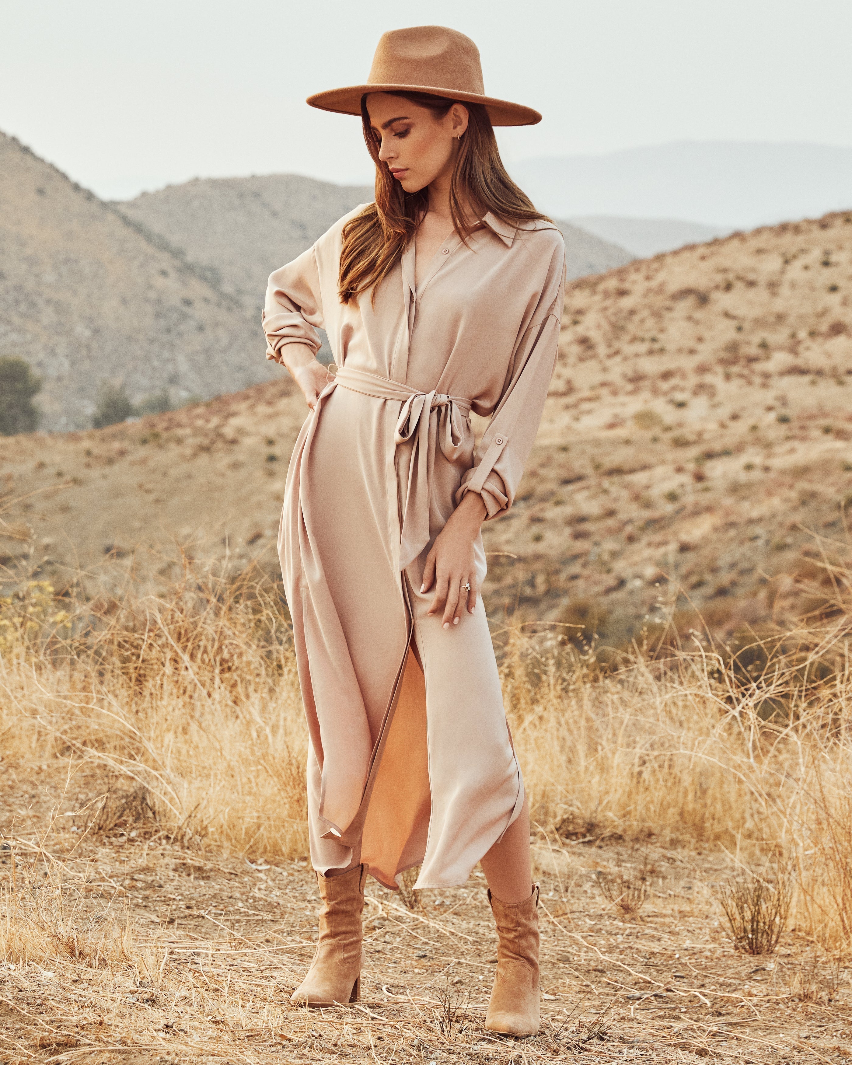 Betsy Button Down Midi Dress Nude FINAL