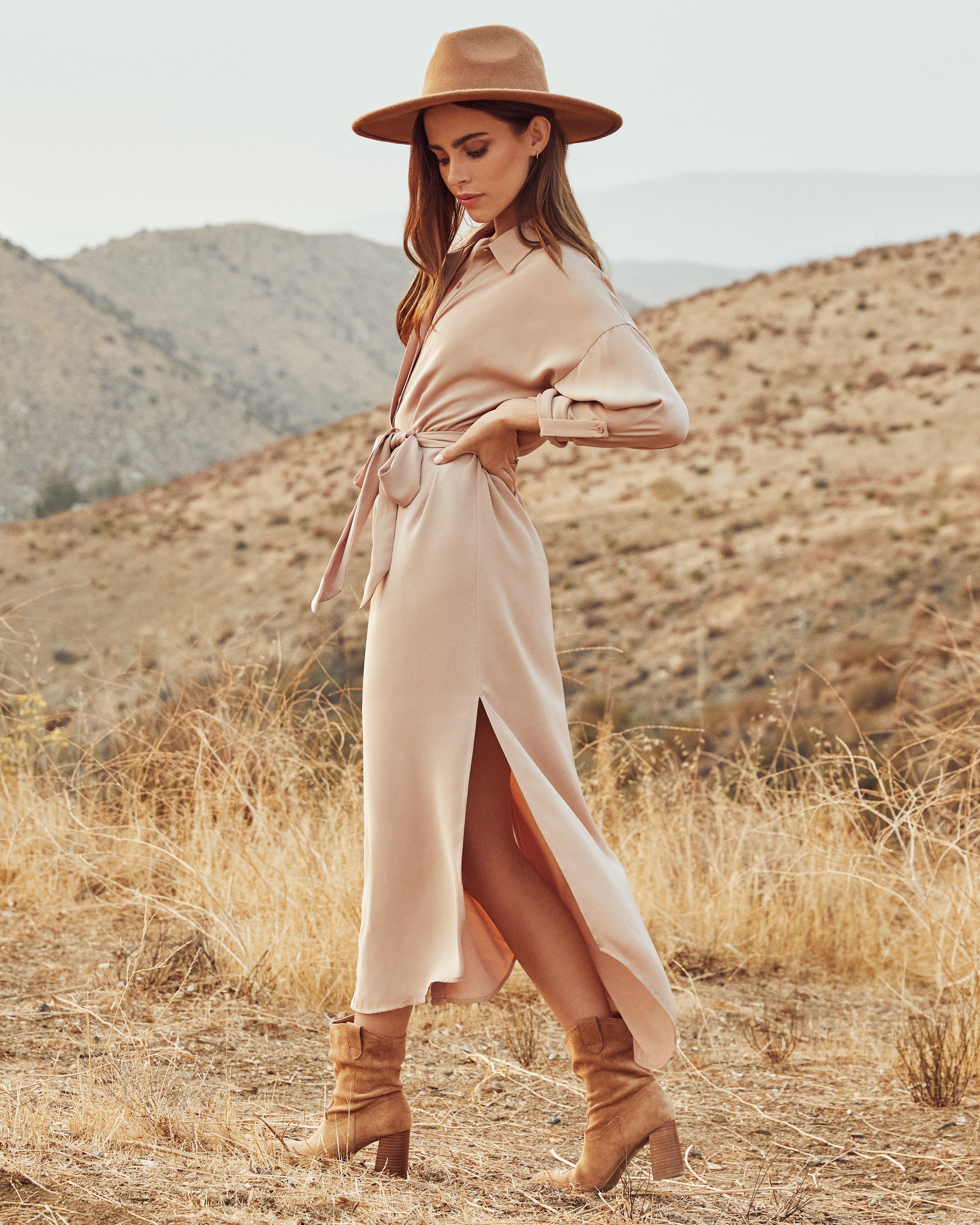 Betsy Button Down Midi Dress Nude FINAL