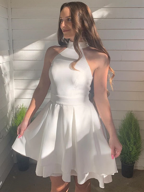 A-Line/Princess Satin Ruffles Halter Sleeveless Short/Mini Homecoming Dresses - VelvetHem