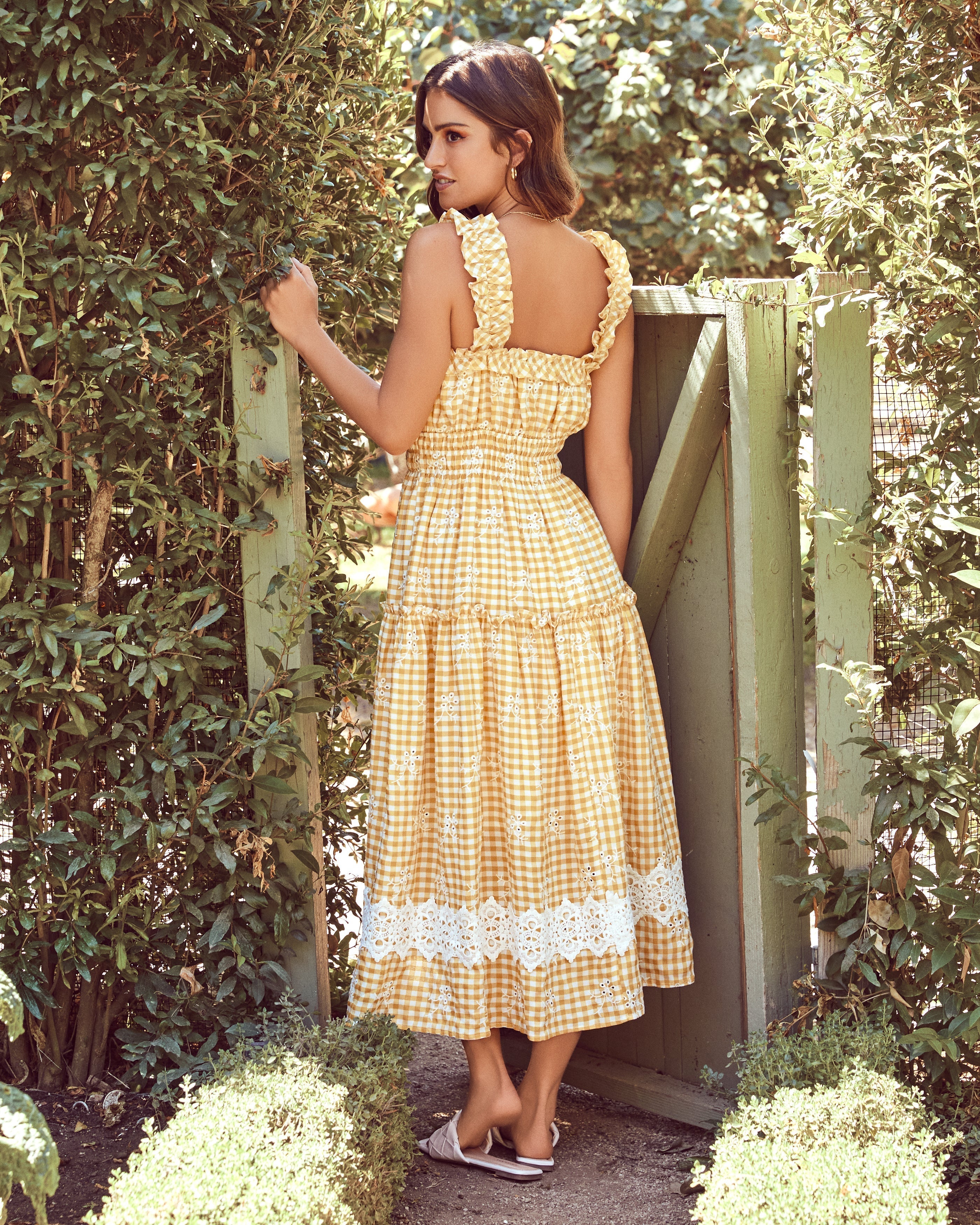 Bibi Eyelet Lace Gingham Midi Dress Mustard FINAL