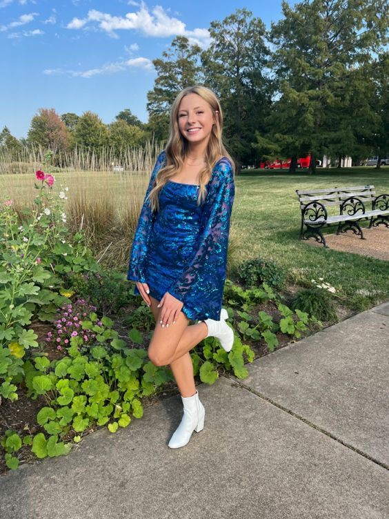 Flare Sleeve Blue Sequin Tight Dress Blue Homecoming Dress (ZD11409)