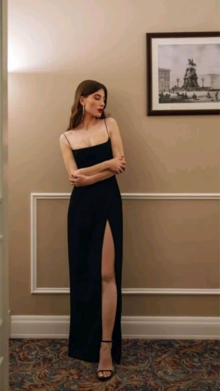 Black Spaghetti Straps Sheath Slit Long Prom Dress Sexy Evening Dress