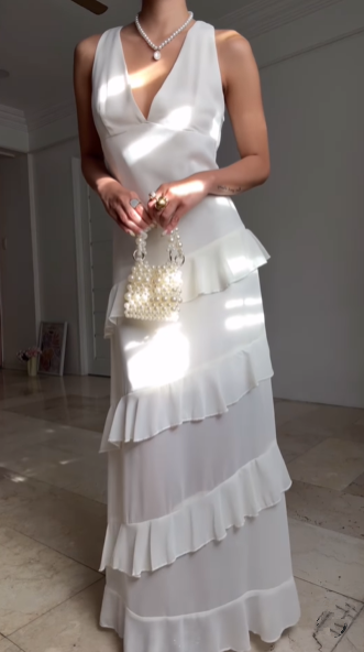 Classy White V Neck Ruffles Party Evening Dress,Formal Prom Dress - View 2 | VelvetHem