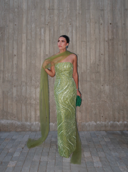 Gorgeous Strapless Apple Green Sequin Long Prom Dress Party Gown With Ribbon - View 5 | VelvetHem