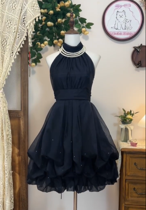 Simple Black Halter Tulle A Line 7th Grade Homecoming Dress Cocktail Dress