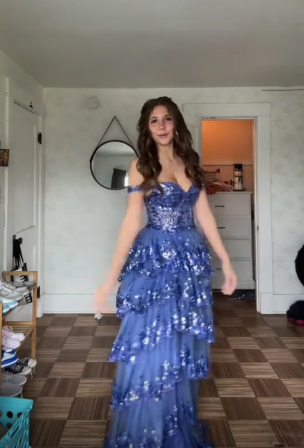 Pretty Blue Tulle Sequins Layered Prom Dress Long Slit Party Evening Gown - VelvetHem