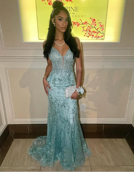 Charming Spaghetti Straps Tulle Lace Mermiad Prom Dress Blue V Neck Prom Evening Gown - View 2 | VelvetHem
