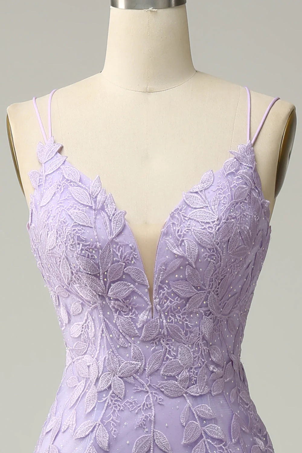 Purple Spaghetti Straps Mermaid Long Prom Dress With Appliques - View 3 | VelvetHem