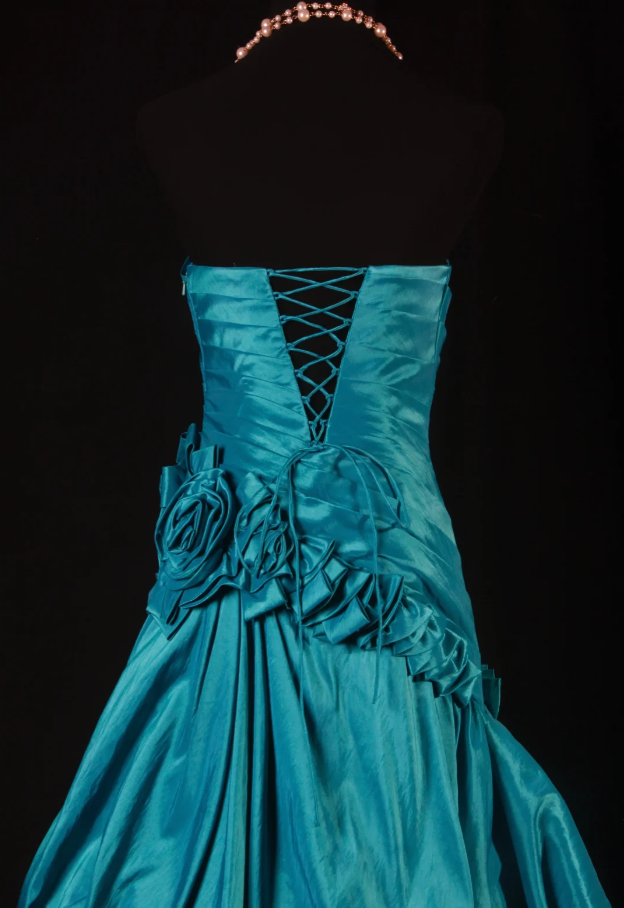 Vintage Strapless Blue Green Satin Pleated Floral Mermaid Long Party Dress Evening Gown - View 5 | VelvetHem