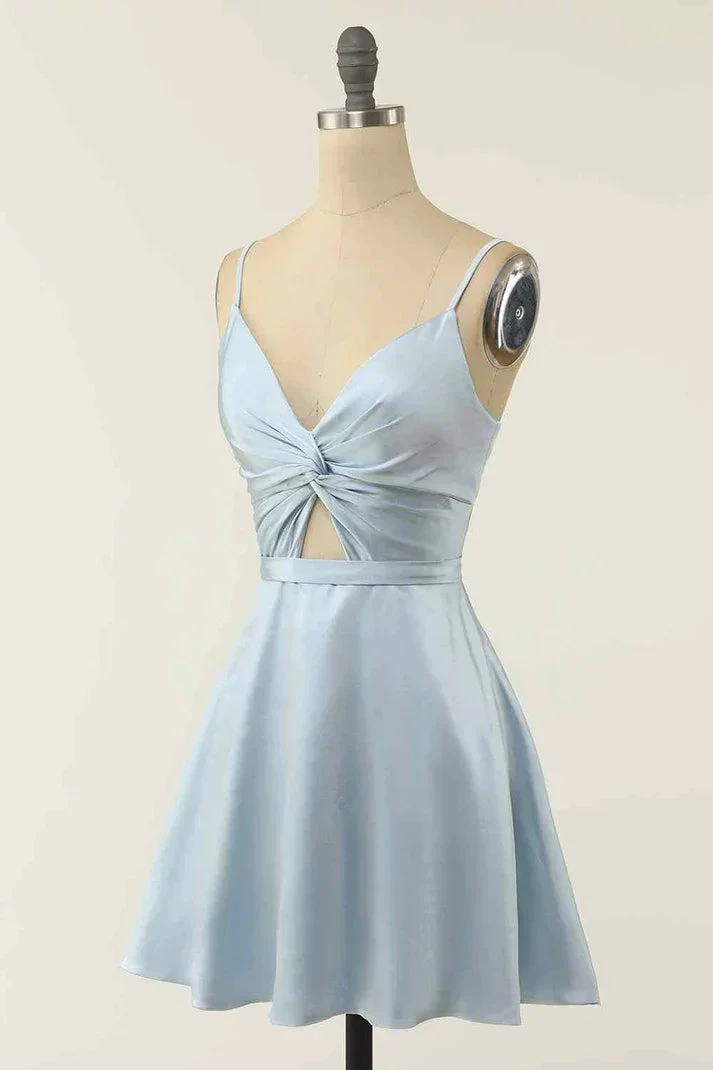 A-line V Neck Twist Knot Cut-Out Pleated Mini Homecoming Dress (ZD12352)