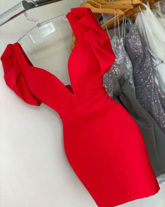 Elegant Red V Neck Party Dress Red Homecoming Dress Y6040 - VelvetHem