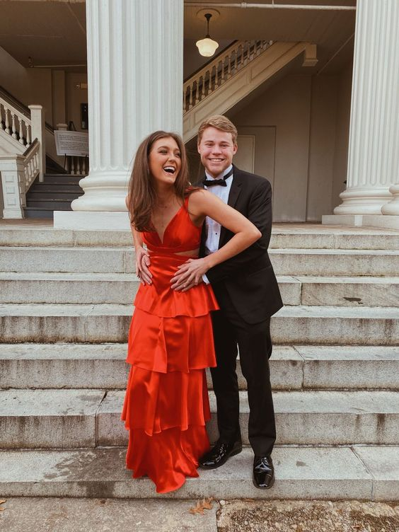 Red A-line Tiered Prom Dress Red Evening Gown Y6371