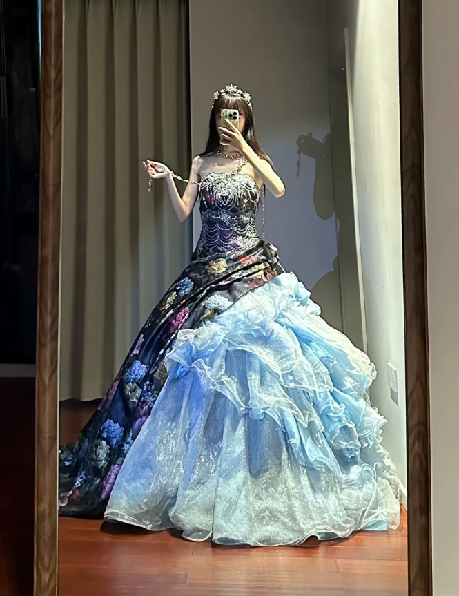 Unique Strapless Satin Print Floral Tulle Sequin Sweet 16 Dress Formal Quinceanera Dress - View 2 | VelvetHem