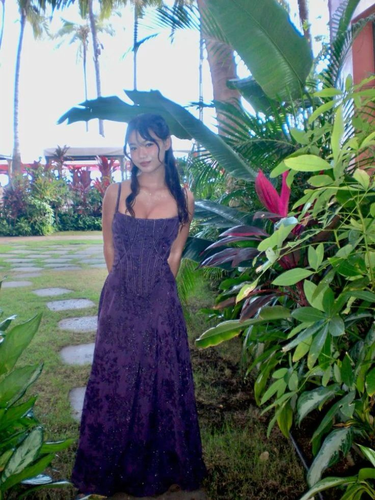 Charming Spaghetti Straps Purple Lace Print Floral A Line Long Wedding Guest Dress Formal Birthday Party Dress - View 2 | VelvetHem