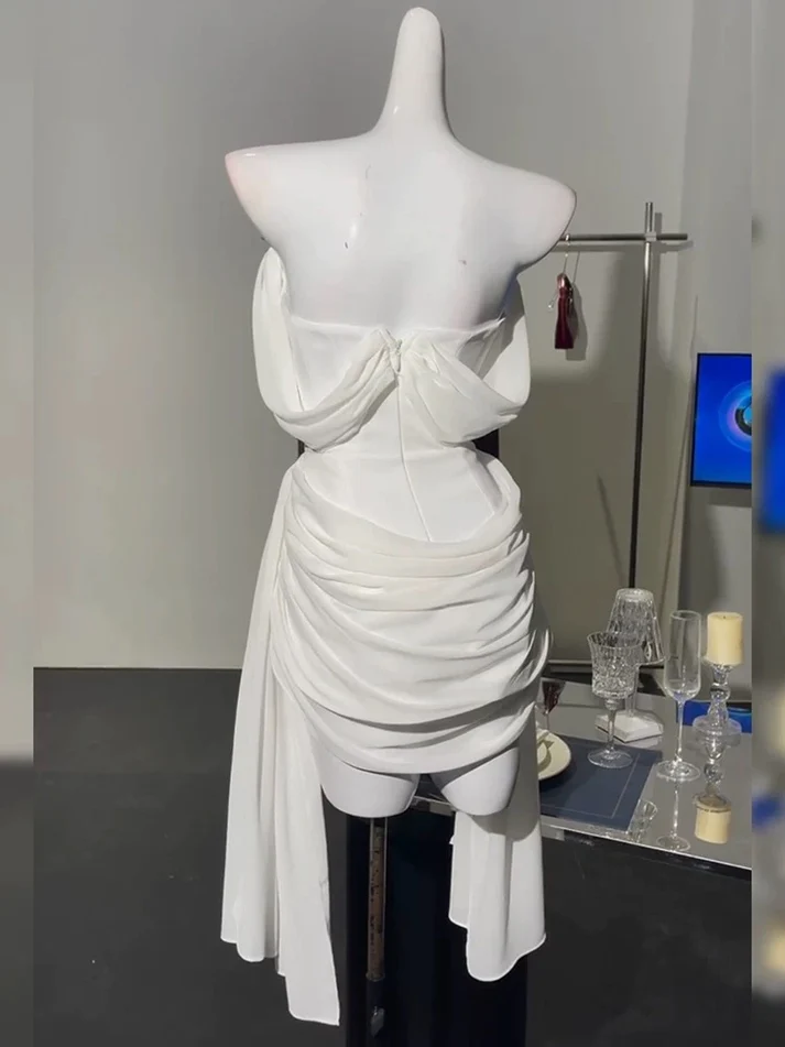 Simple Off The Shoulder White Chiffon Pleated Short Prom Dress Formal Graduation Homecoming Dress