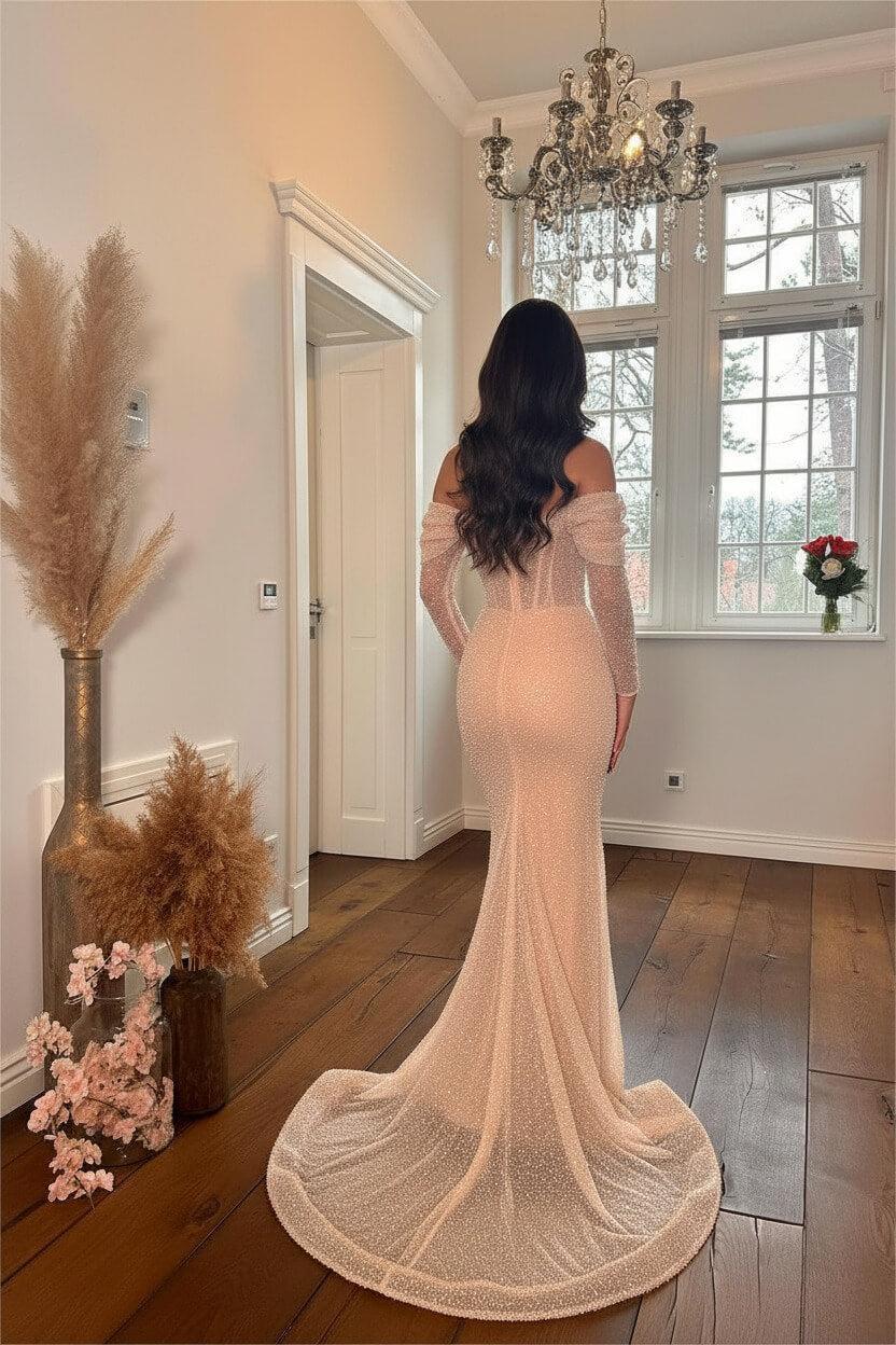 Off the Shoulder Prom Dress Long Sleeves Pleated Mermaid Evening Formal Dress With Beadings