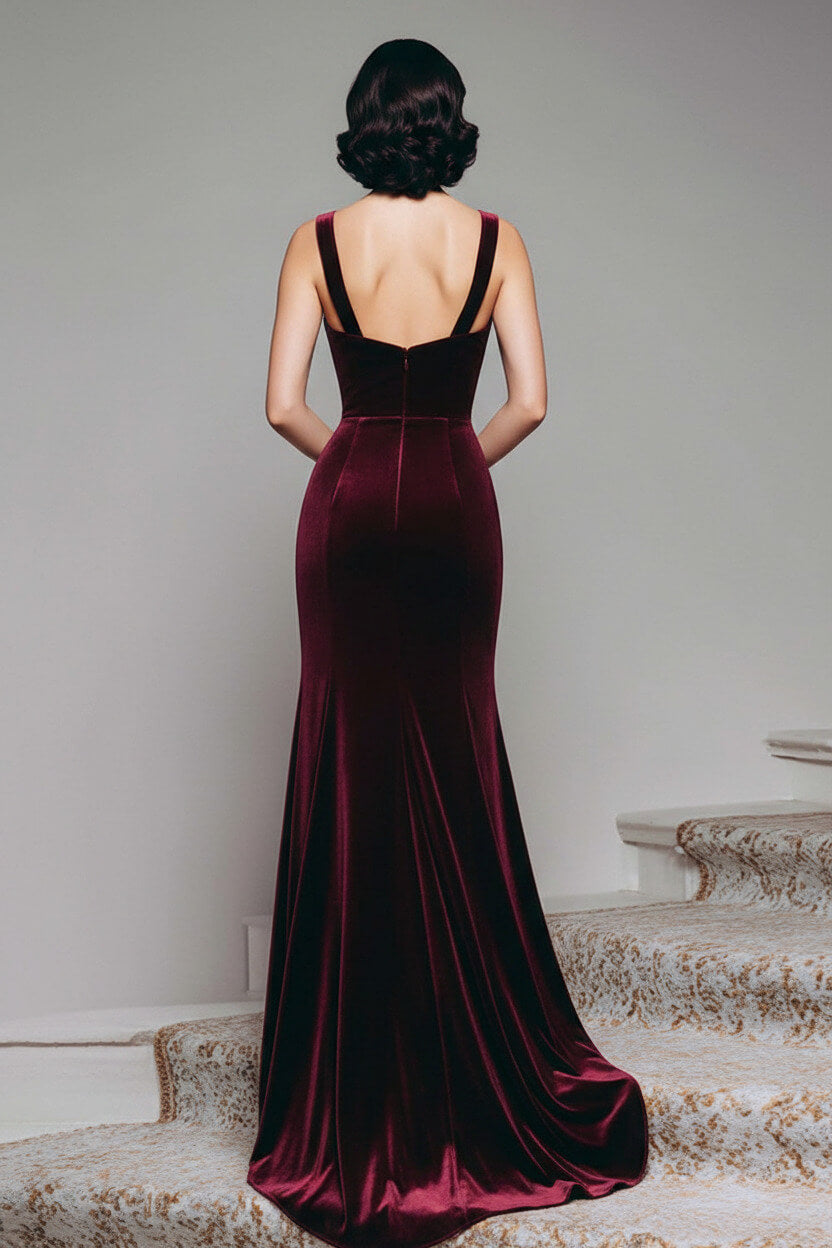 Suzhoufashion Stunning Burgundy Velvet Mermaid Thick Straps Long Prom Dress