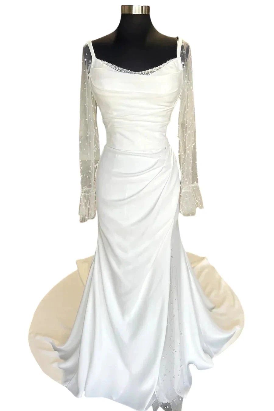 Backless Ruched White Wedding Dress with Detachable Sleeves WD718 by pgmdress