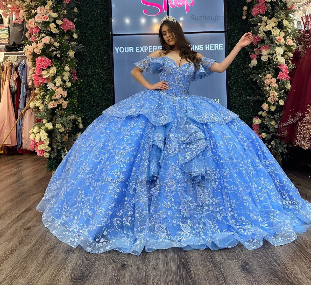 Ball Gown Off Shoulder Flower Lace Appliques Tiered Ruffles Beaded Blue Tulle Princess Quinceanera Dress Evening Party Gown For Sweet 16