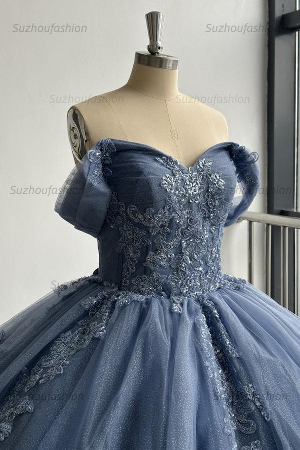 Ball Gown Off Shoulder Pleated Appliques Lace Up Navy Blue Tulle Quinceanera Dress Birthday Party Gown For Sweet 16