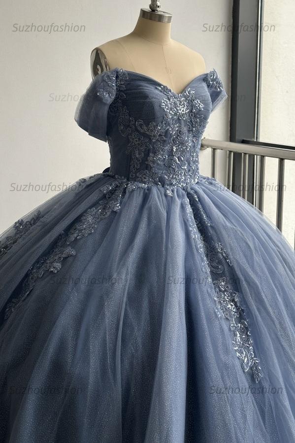 Ball Gown Off Shoulder Pleated Appliques Lace Up Navy Blue Tulle Quinceanera Dress Birthday Party Gown For Sweet 16