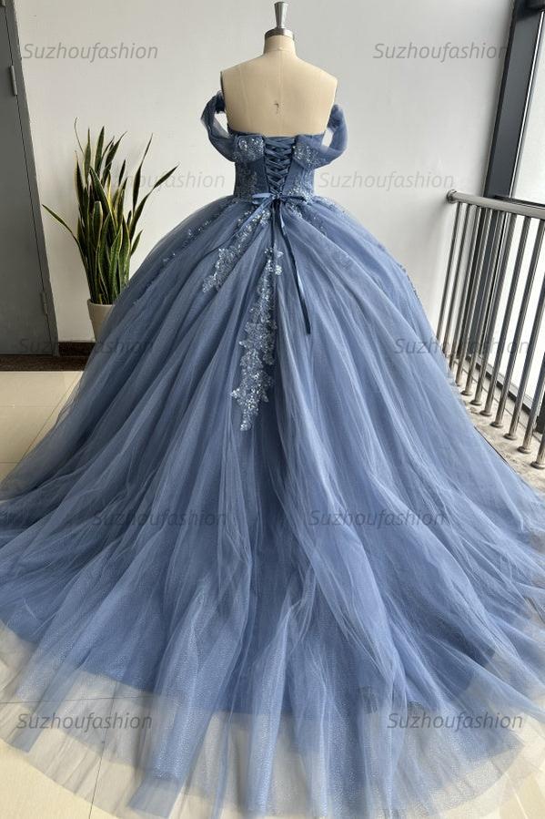 Ball Gown Off Shoulder Pleated Appliques Lace Up Navy Blue Tulle Quinceanera Dress Birthday Party Gown For Sweet 16