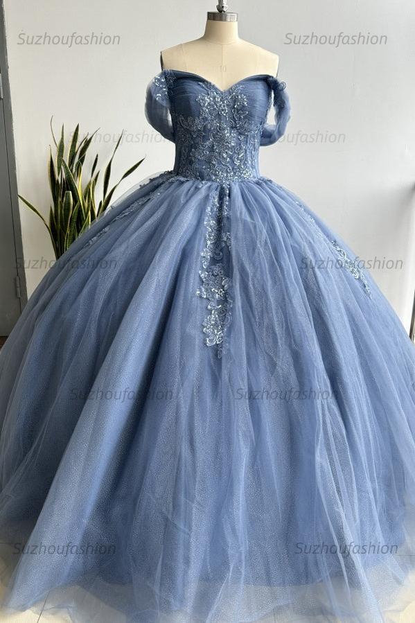 Ball Gown Off Shoulder Pleated Appliques Lace Up Navy Blue Tulle Quinceanera Dress Birthday Party Gown For Sweet 16