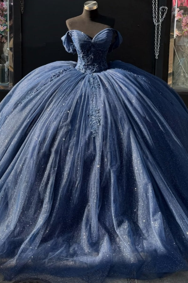 Ball Gown Off Shoulder Pleated Appliques Lace Up Navy Blue Tulle Quinceanera Dress Birthday Party Gown For Sweet 16