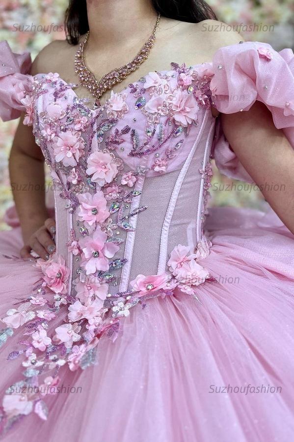 Ball Gown Off Shoulder Ruched Pleated 3D Flowers Appliques Glitter Pink Tulle Quinceanera Dress Princess Birthday Party Dress For Sweet 16