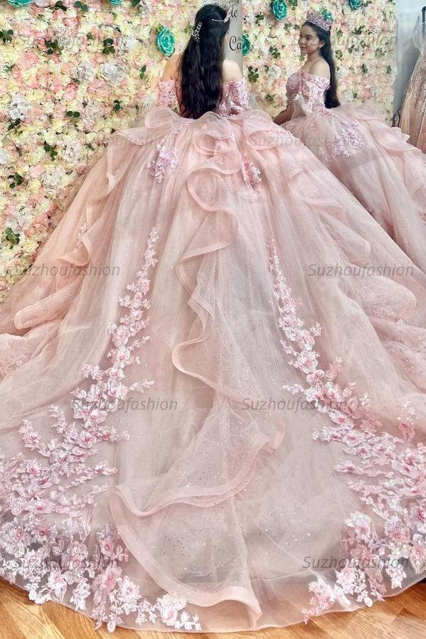 Ball Gown Off Shoulder Sleeveless 3D Flower Appliques Beaded Crystal Ruffles Pink Tulle Quinceanera Dress Formal Evening Dress Brthday Party Gown For Sweet 16