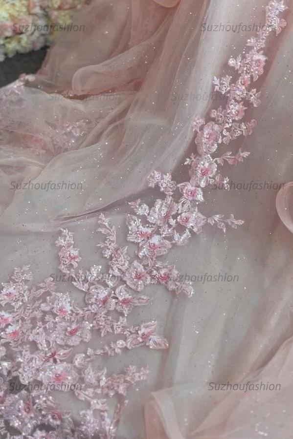 Ball Gown Off Shoulder Sleeveless 3D Flower Appliques Beaded Crystal Ruffles Pink Tulle Quinceanera Dress Formal Evening Dress Brthday Party Gown For Sweet 16