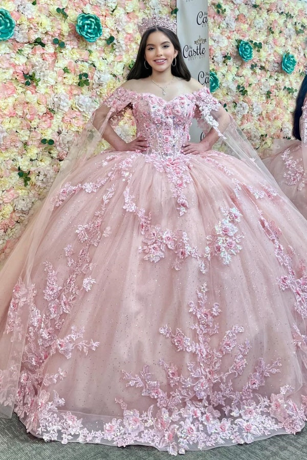 Ball Gown Off Shoulder Sleeveless 3D Flower Appliques Beaded Crystal Ruffles Pink Tulle Quinceanera Dress Formal Evening Dress Brthday Party Gown For Sweet 16