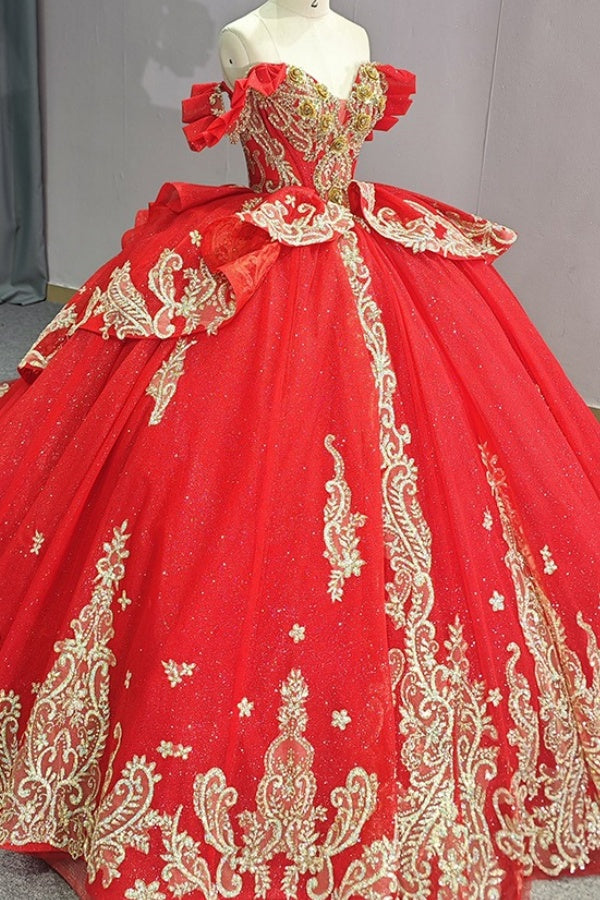 Ball Gown Off Shoulder Sleeveless 3D Flowers Beaded Sequins Gold Appliques Bow Knot Lace Up Sparkly Red Tulle Quinceanera Dress Birthday Party Dress For Sweet 16